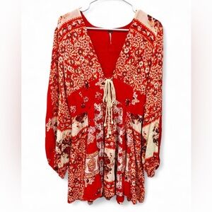 Free People Mixing It Up Mini Dress Small Floral V Neck Boho Patchwork Tunic‎